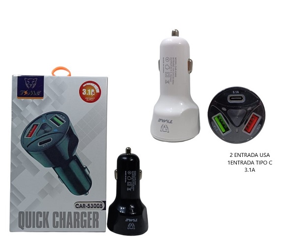 Cargador Vehiculo 2 USB 1 Type C 53005ii 3.1 AmperÂ 