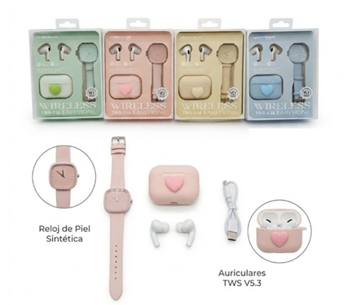 Set Reloj + Auricular BT Colores Pastel